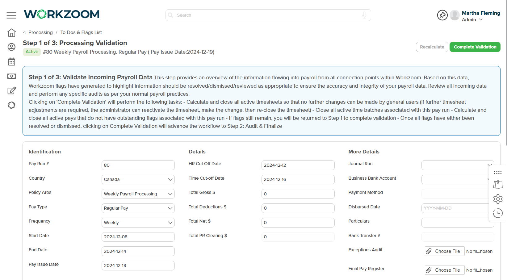 Workzoom payroll processing step 1 validation dashboard