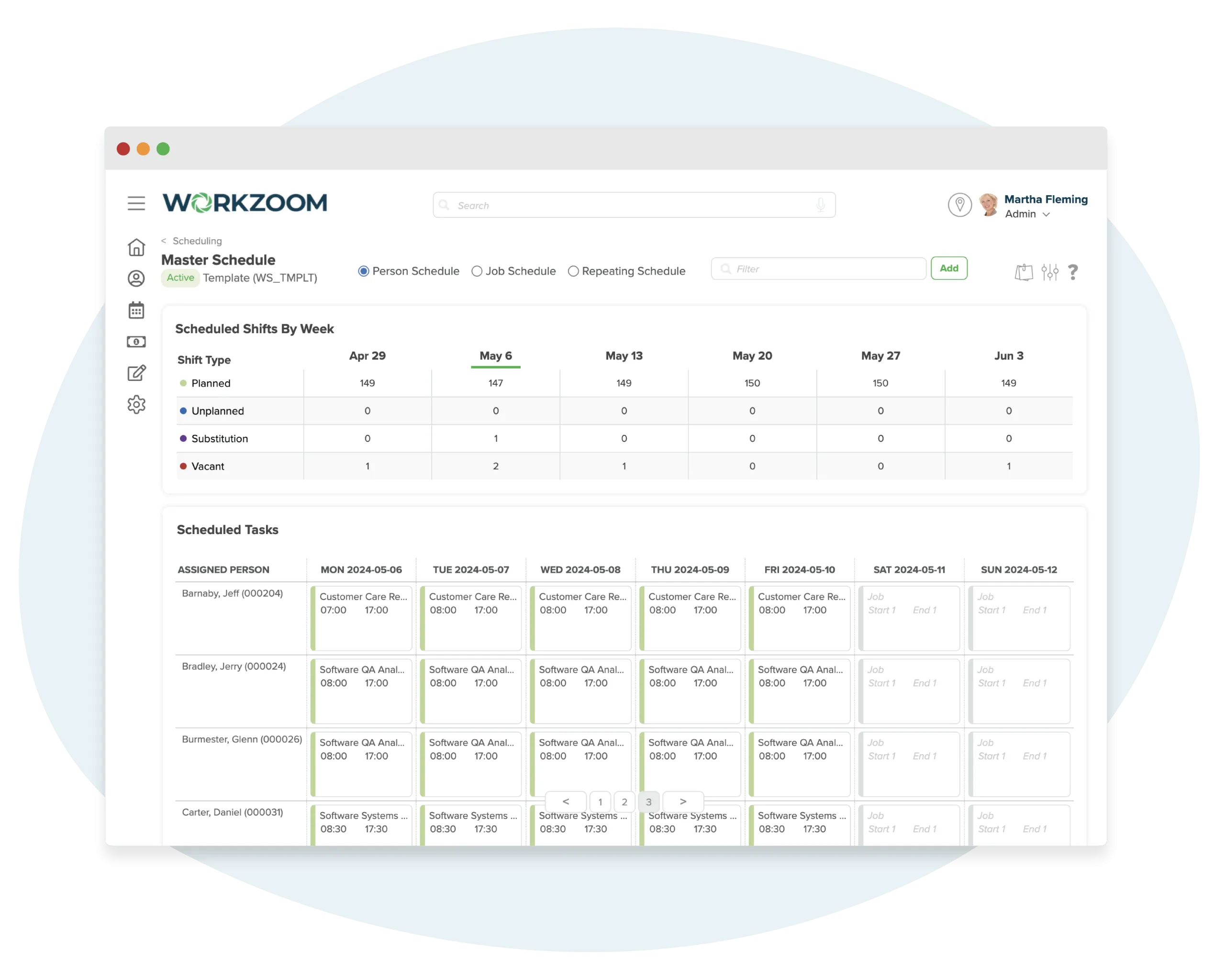 Workzoom scheduling interface for managing shifts across Island Luck locations