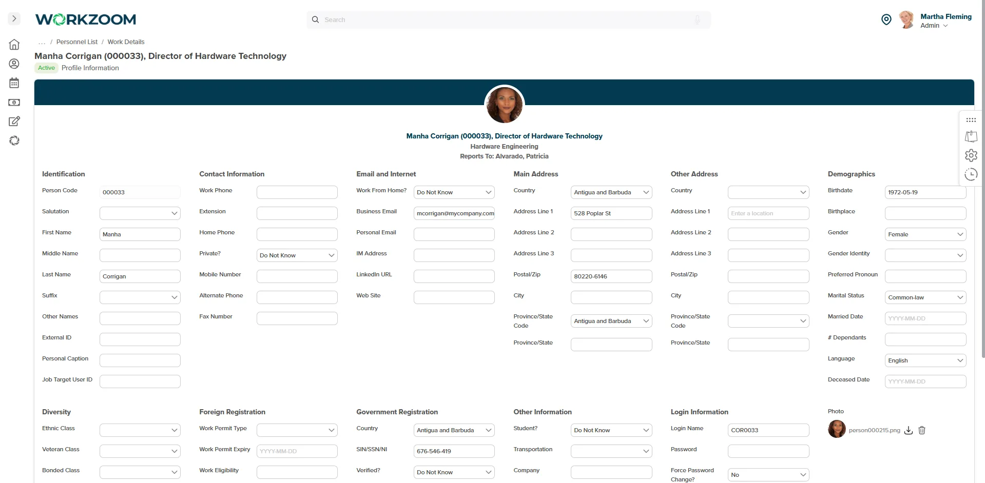 Workzoom employee profile for Antigua and Barbuda: ABSSB social security and IRD fields on one record across HR, payroll, workforce, talent.