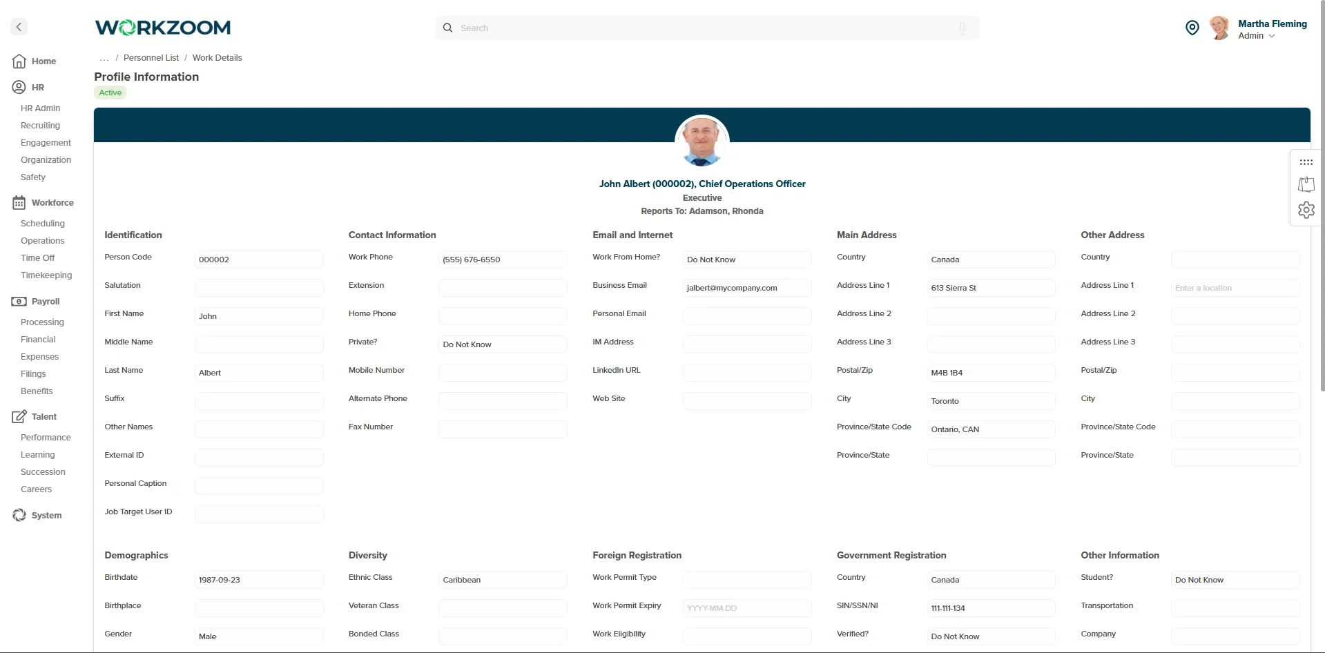 Workzoom multi-country HR and payroll software dashboard: Canadian employee profile with CPP, EI, and provincial deductions configured natively
