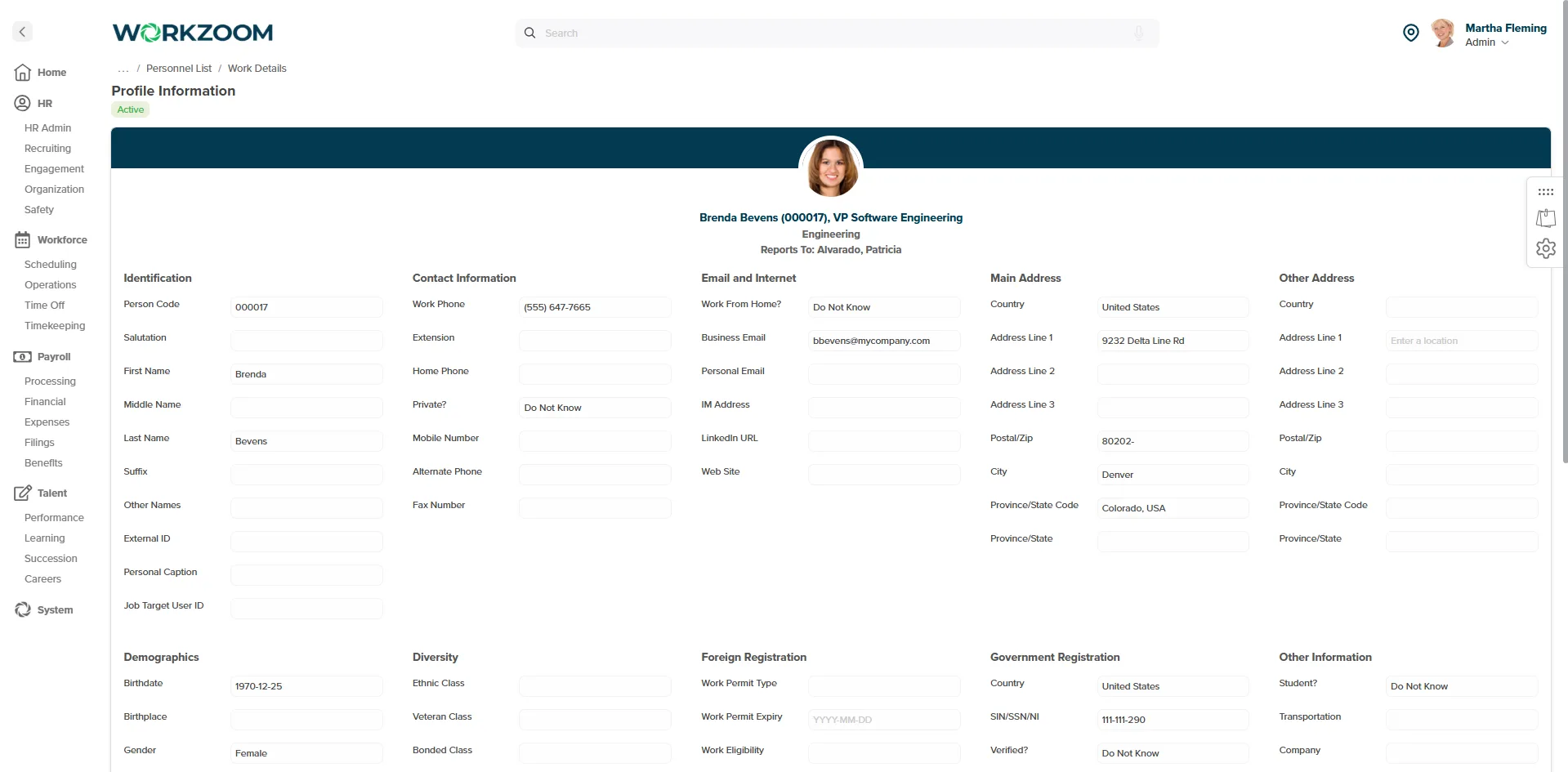 Workzoom employee profile for the United States: federal and state withholding, W-2, I-9, multi-state on one record across HR, payroll, workforce, talent.
