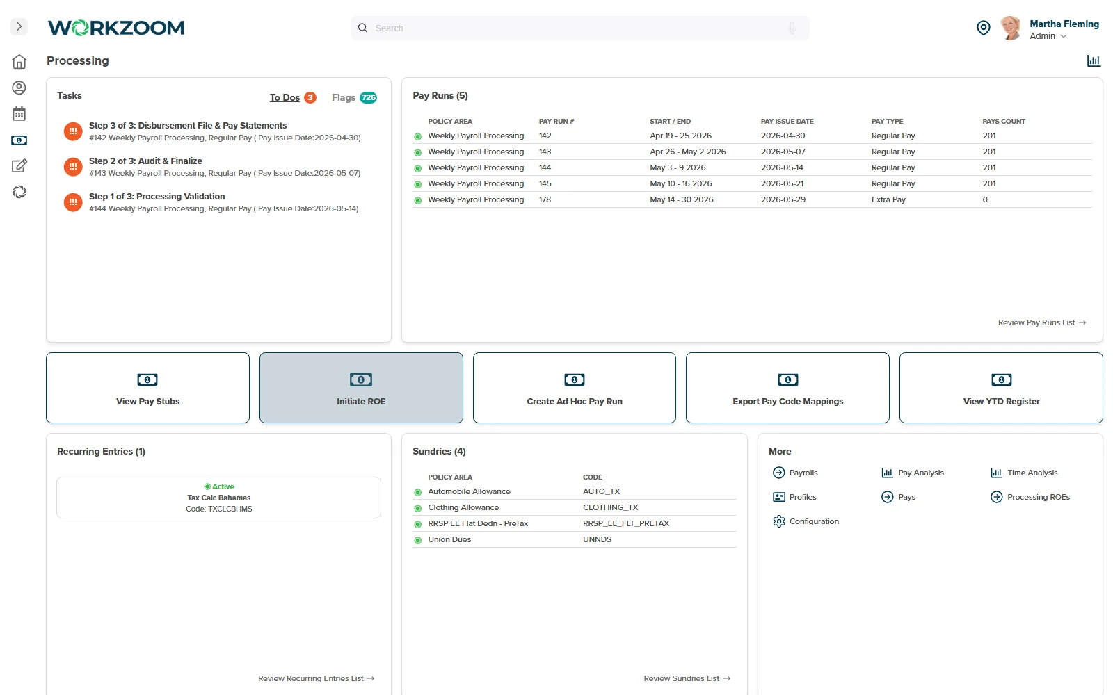 Workzoom payroll processing run with bank transmissions for gaming & casinos teams