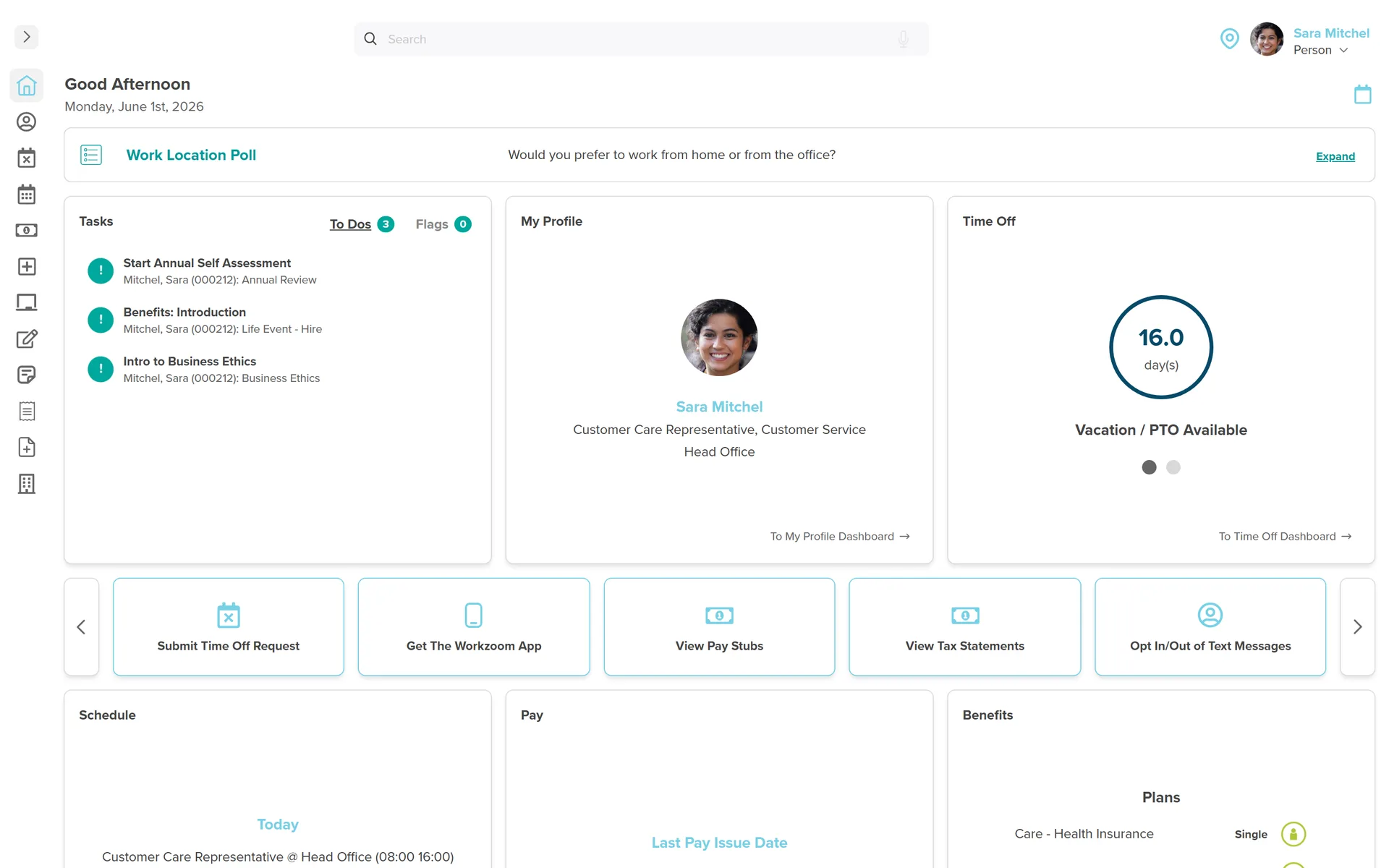 Workzoom new hire self-service home for a Canadian employee: an onboarding task list with a self-assessment, a Benefits Introduction tied to the new-hire life event, and an Intro to Business Ethics compliance course, beside the employee profile, time-off balance, schedule, pay, and benefits.