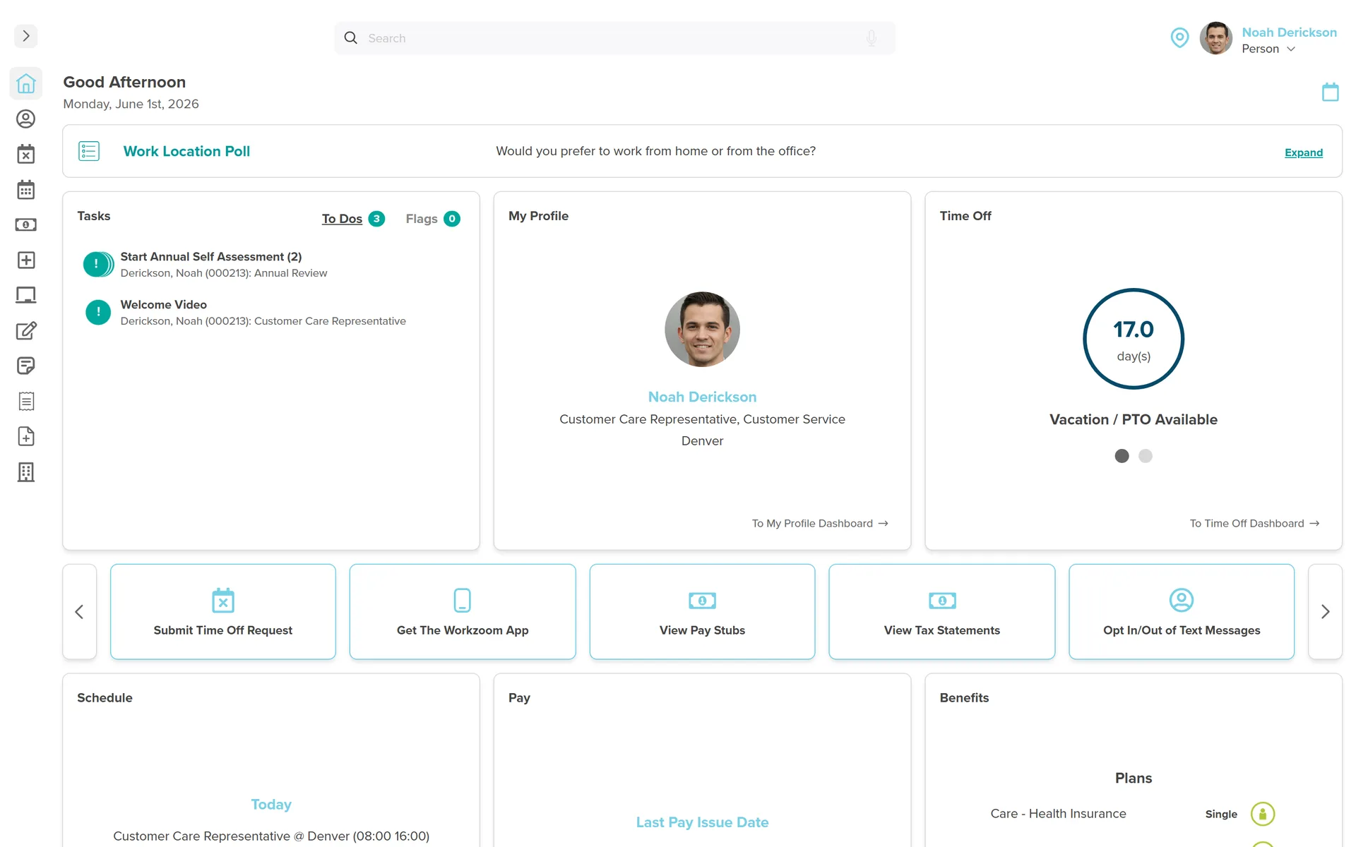 Workzoom new hire self-service home for a US employee: a first-day task list with a Welcome Video and self-assessment, the employee profile, time-off balance, and quick actions to view pay stubs, view tax statements, submit a time-off request, and get the mobile app, all on day one.