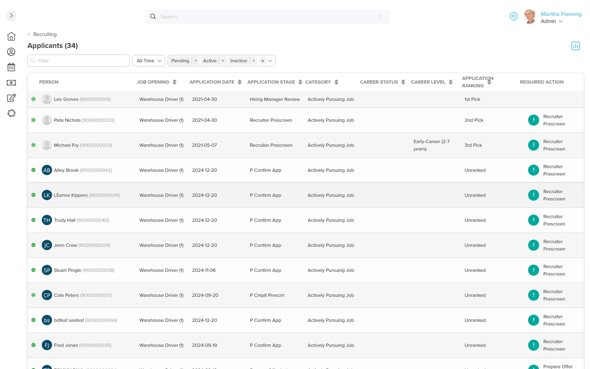 Workzoom Recruiting applicant list: 34 applicants tracked by application date, application stage (hiring manager review, recruiter prescreen, confirm application), career status, and required action, with status filters and inline recruiter prescreen tasks.
