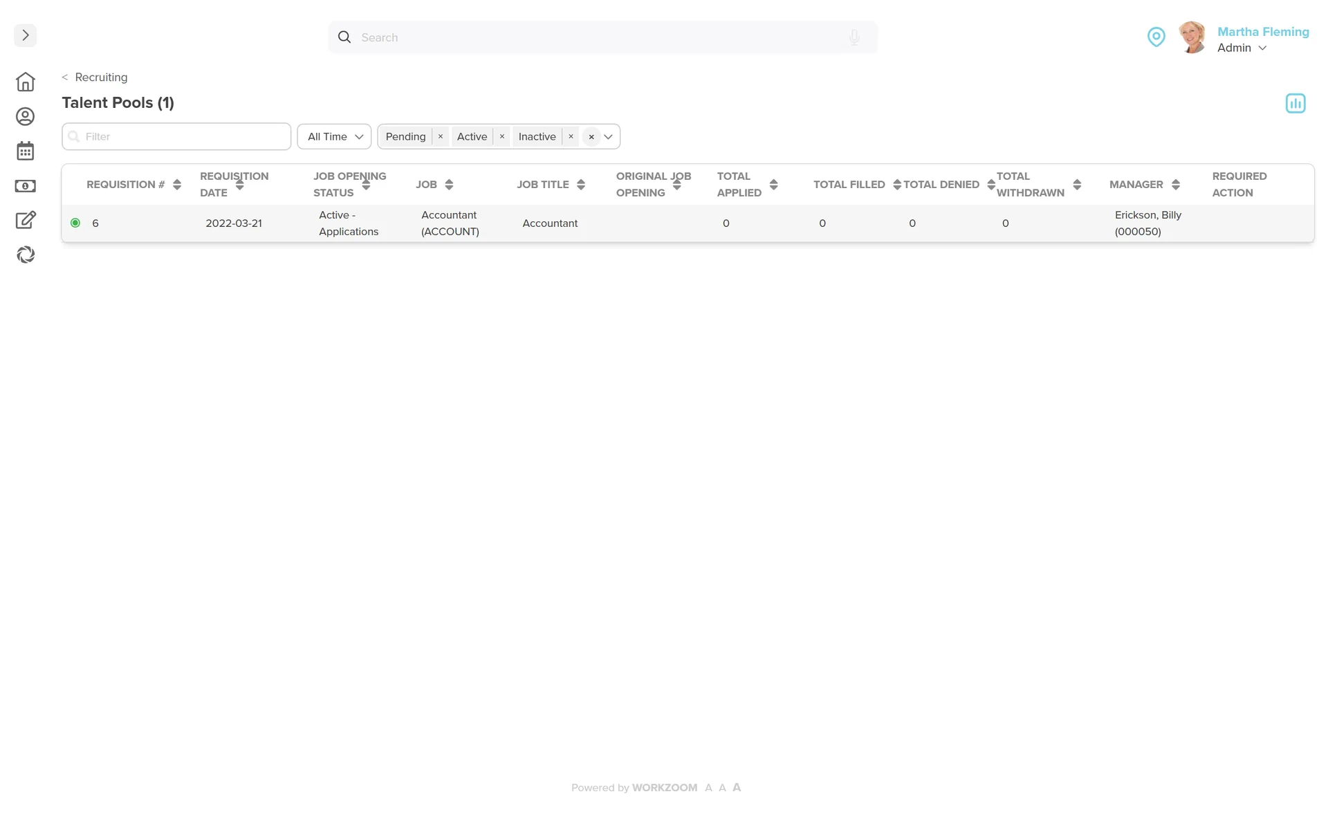 Workzoom Recruiting talent pool list: an active Accountant talent pool tied to a requisition, with job opening status, job title, and counts for total applied, filled, denied, and withdrawn so past candidates stay searchable for future openings.