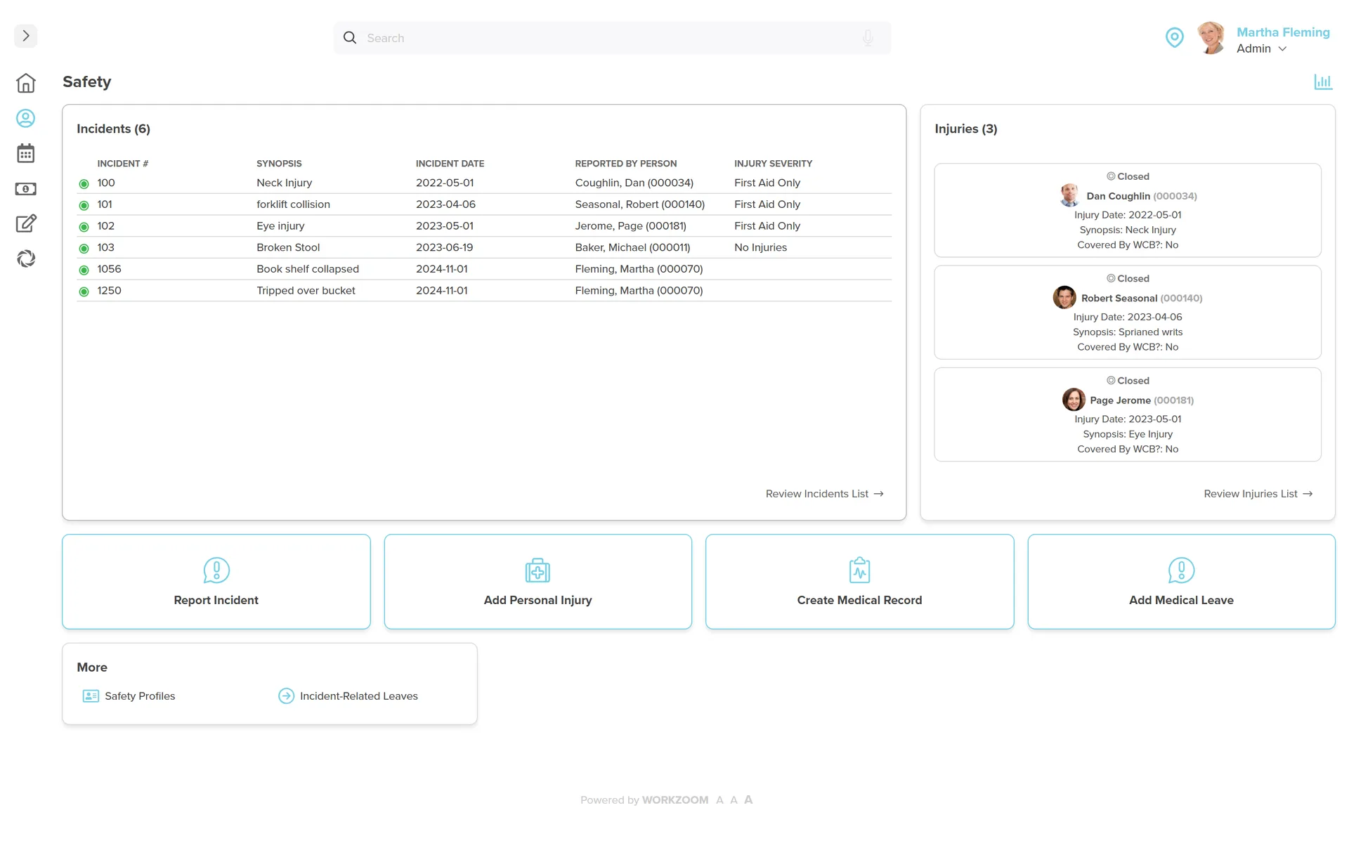 Workzoom Safety dashboard: six logged incidents with date, synopsis, reporter, and injury severity beside three tracked injuries with workers compensation status, plus quick actions to report an incident, add a personal injury, create a medical record, or add a medical leave.