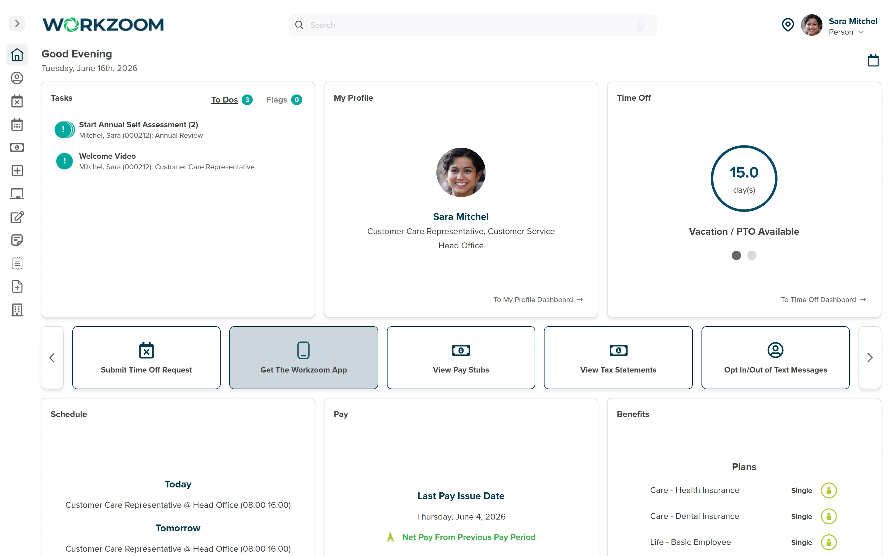 Workzoom employee self-service dashboard showing a worker Today and Tomorrow schedule, time off balance, pay, benefits, and a Get the Workzoom App action for mobile schedule access