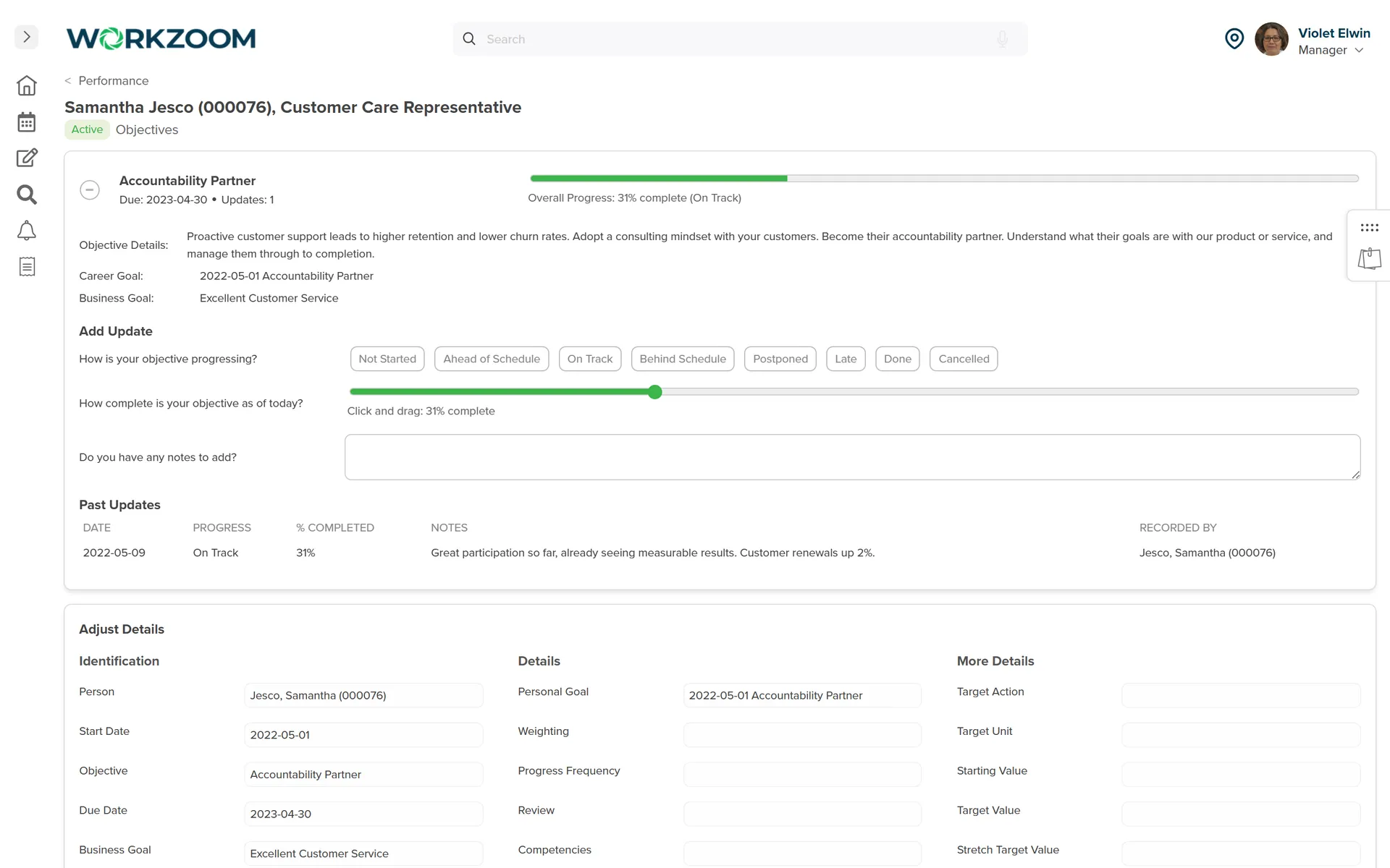 Workzoom Performance demo objective with a linked business goal, progress status, completion percentage, notes field and dated past update.