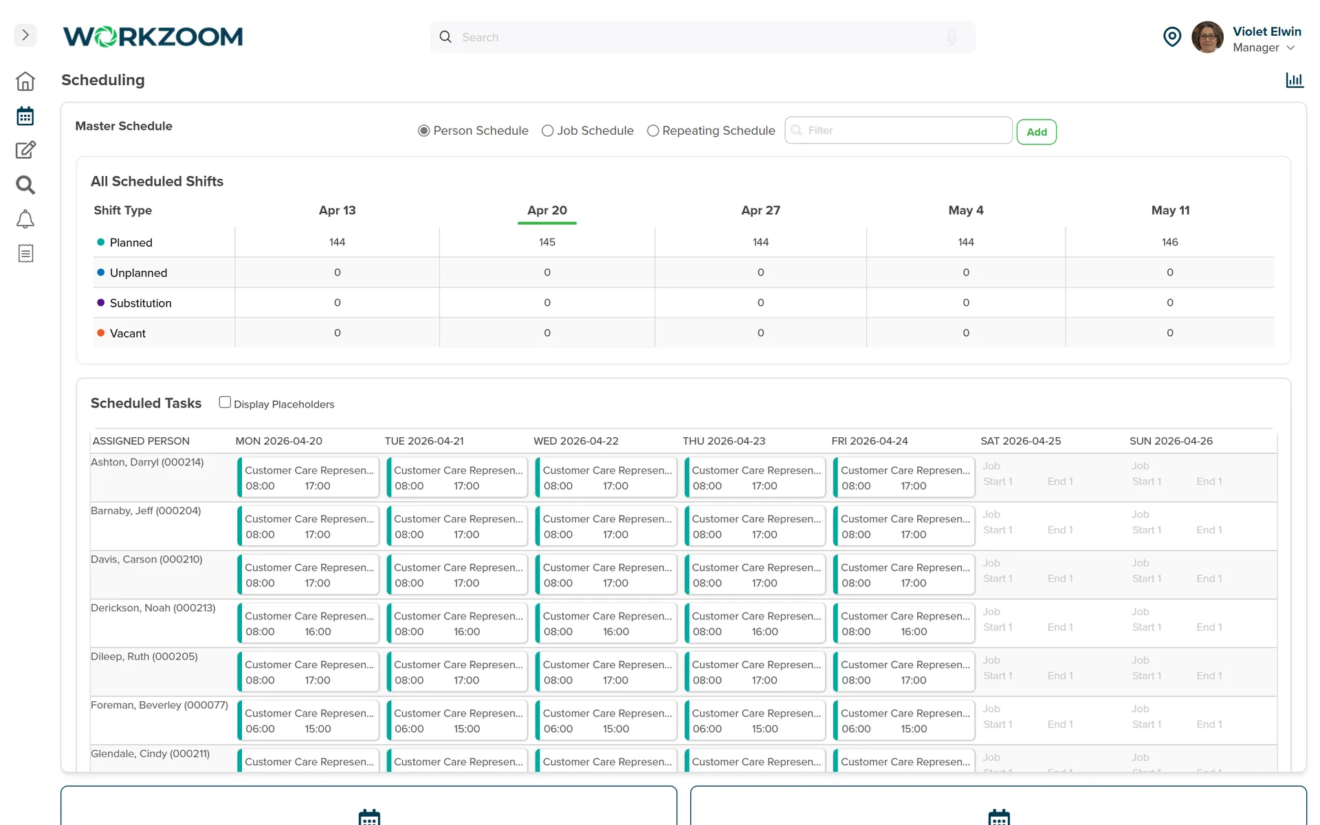 Workzoom Workforce Scheduling manager view: Violet plans 144 weekly shifts for 48 Customer Service reports across a five-week horizon (Mar 30 to May 4). Zero unplanned, zero vacant slots.