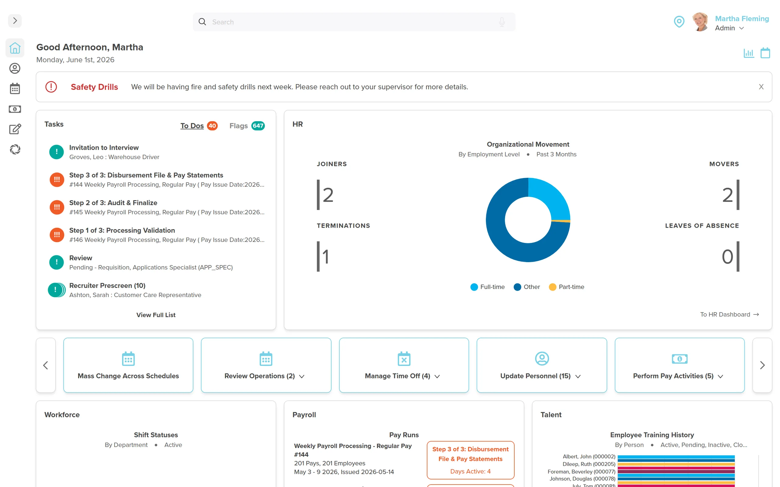 Workzoom HR dashboard: HR, Workforce, Payroll, and Talent running against a single employee record.