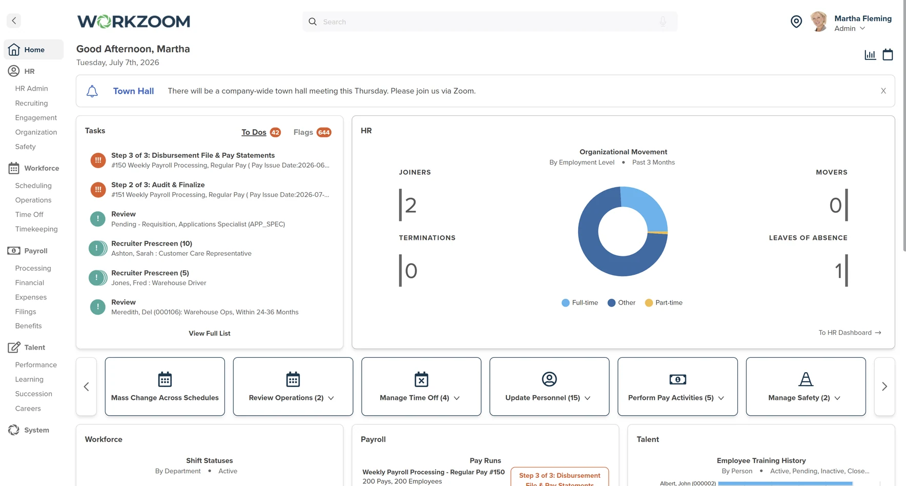 Workzoom three-step pay processing with disbursement, audit and finalize, and processing validation