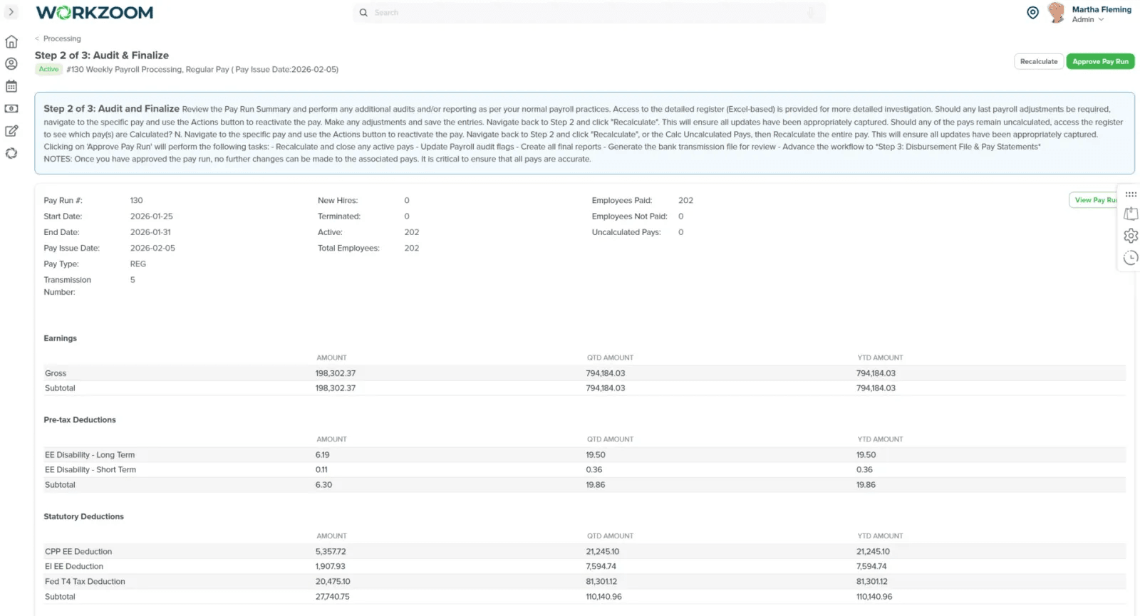 Workzoom pay register showing gross-to-net calculations
