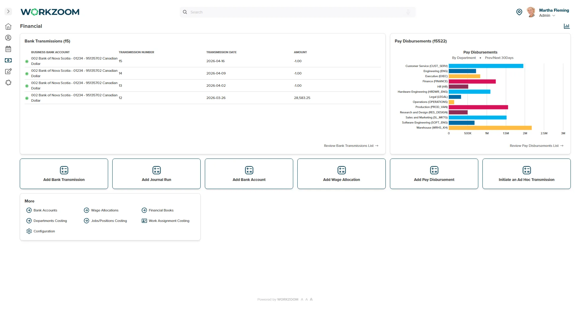 Workzoom Payroll Financial screen showing bank transmissions and pay disbursements by department