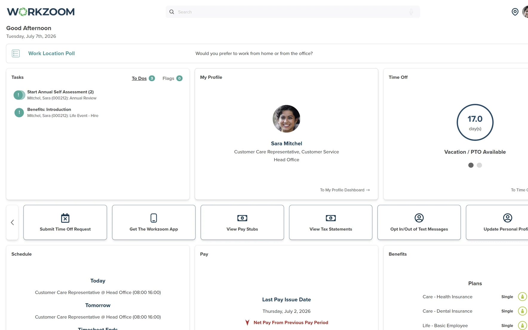 Workzoom employee self-service dashboard for Sara Mitchel showing 17 days vacation available, Submit Time Off Request, pay stubs, schedule, and benefits