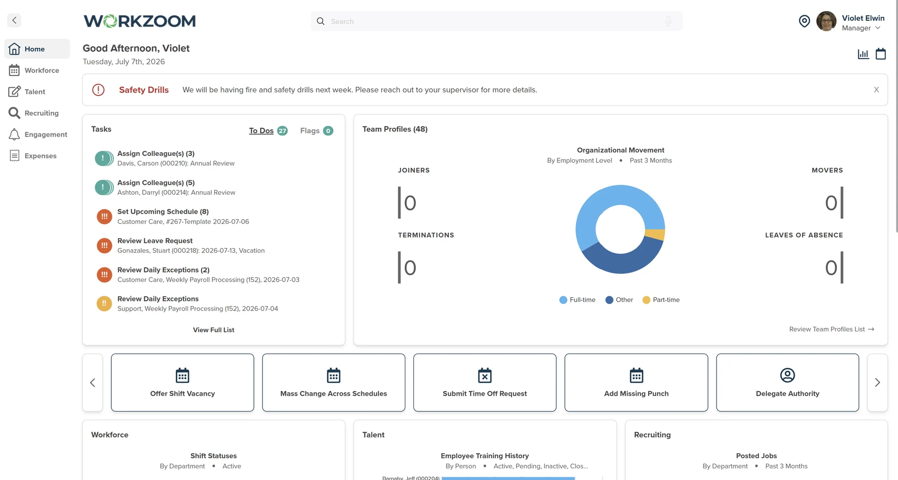 Workzoom scheduled tasks calendar for April 2026 with planned shifts and vacant shift call-outs