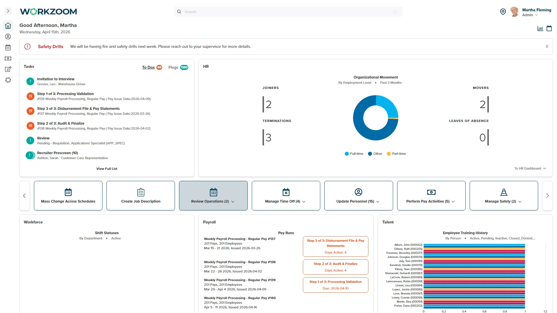 Workzoom workforce dashboard with rota schedule overlay and Working Time Regulations tracking