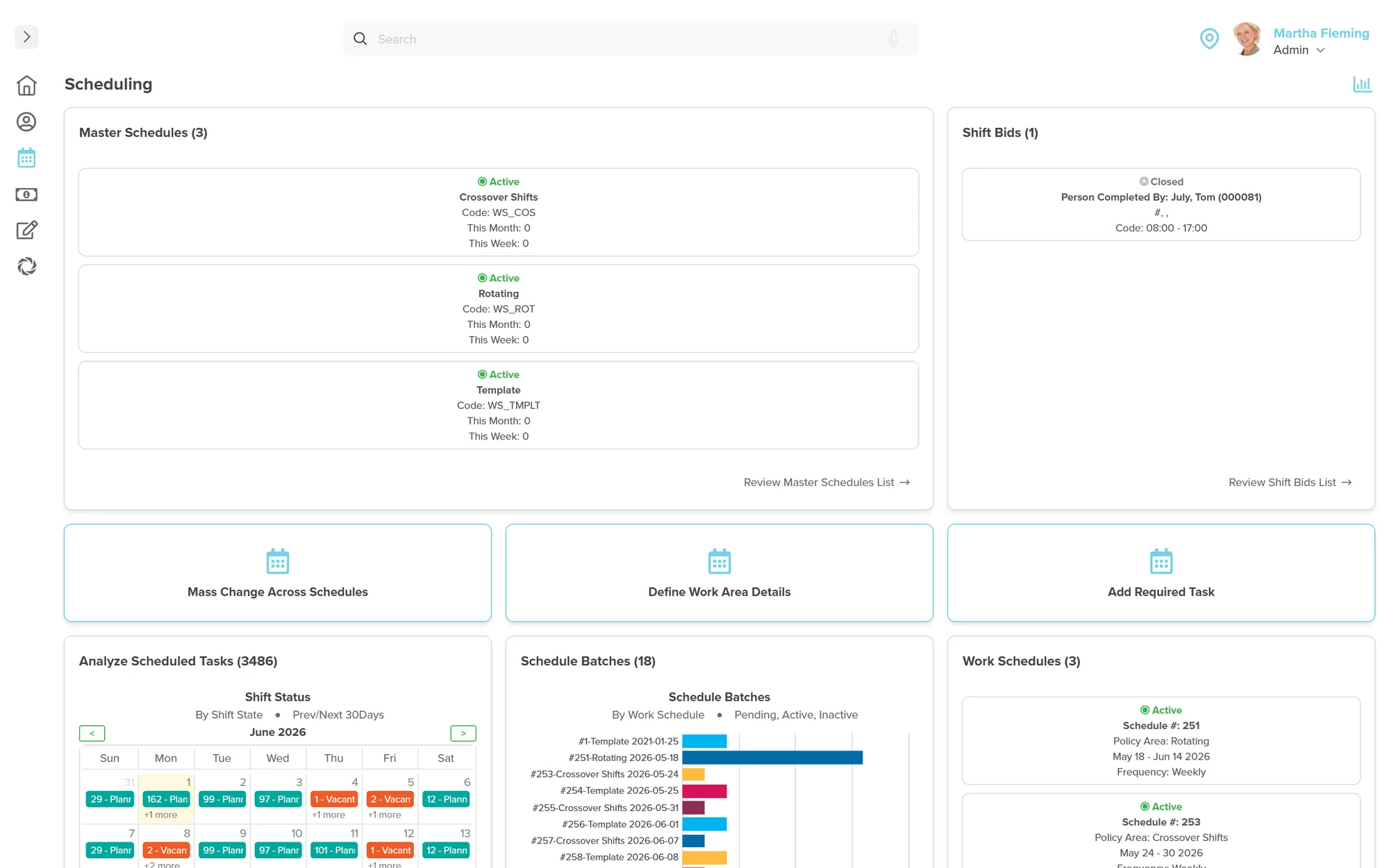 Workzoom Scheduling dashboard showing Master Schedules with active crossover, rotating and template shifts, a Shift Bids panel, an Analyze Scheduled Tasks calendar by shift status, a Schedule Batches bar chart, and Work Schedules panels., workforce management software in Workzoom