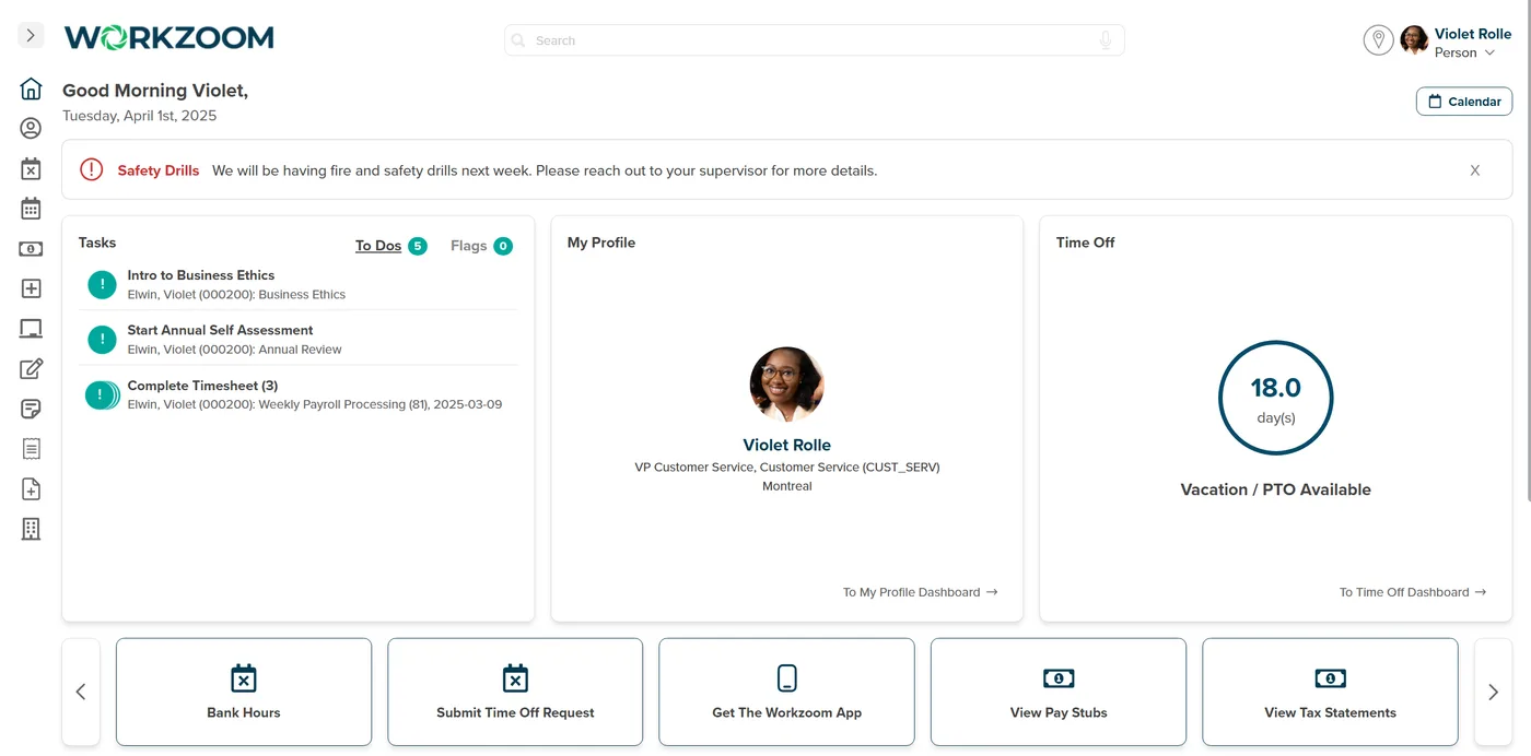 Workzoom employee self-service home screen: a Tasks list, My Profile, a Time Off balance of 18.0 days, and quick actions to submit a time-off request, get the mobile app, view pay stubs, and view tax statements.