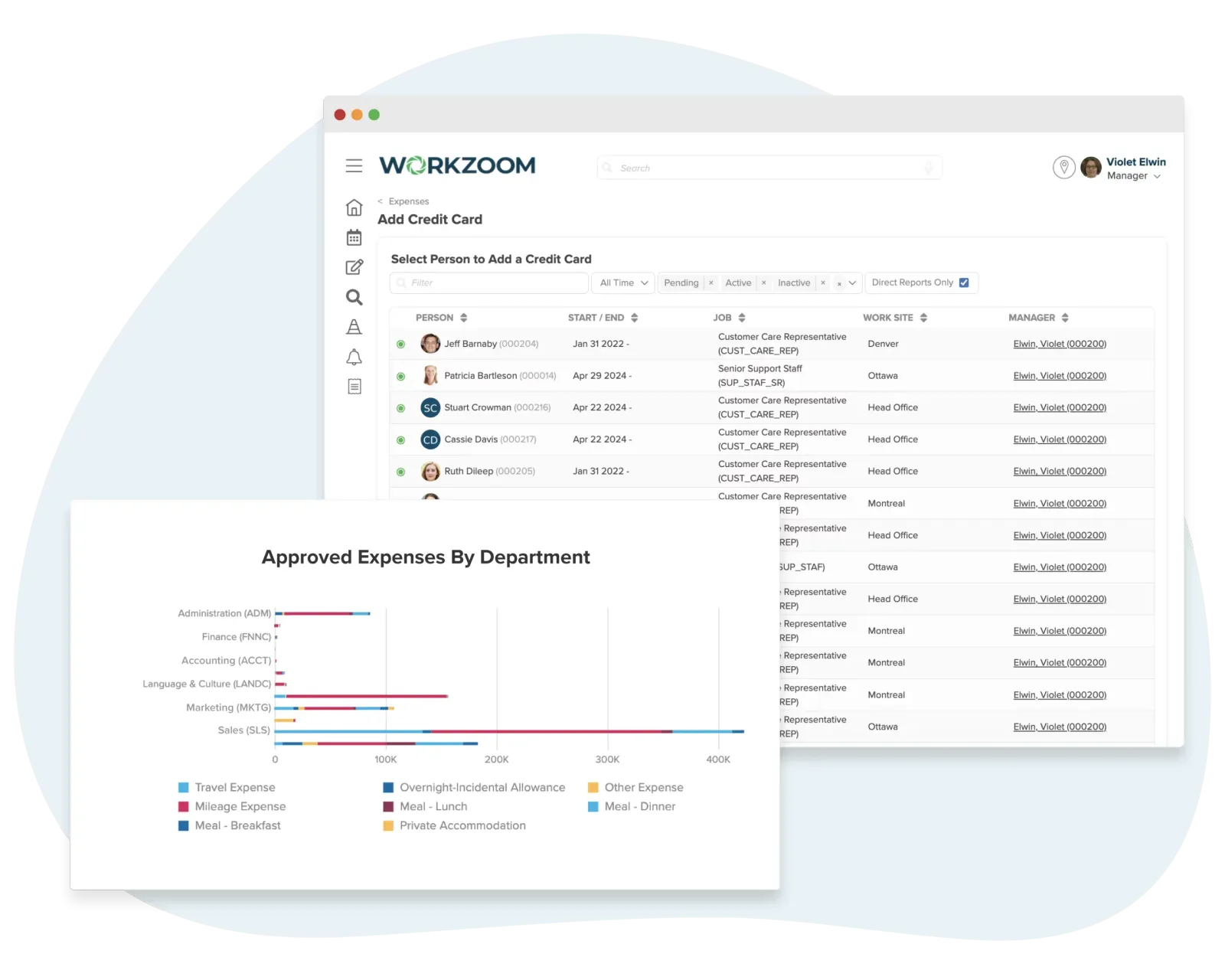 Workzoom expense management screen with submitted expenses ready for payroll deduction