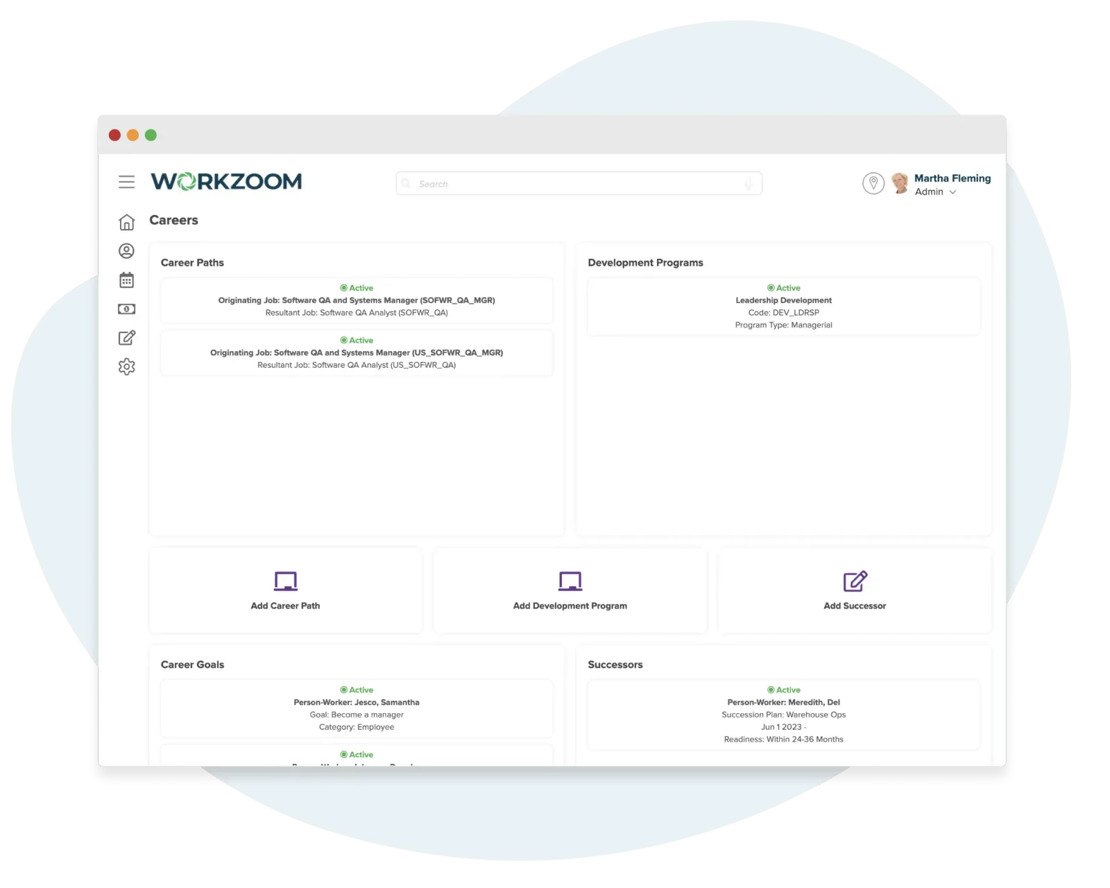 Workzoom Career Planning module showing development plan and goals