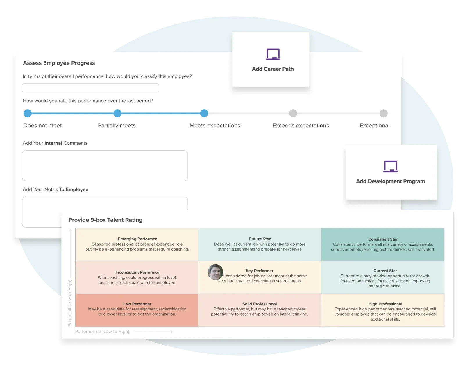 Workzoom Careers dashboard showing a Tasks review panel, Development Programs and Career Goals cards, plus Successors and a More panel linking to Personal Competencies and Profiles.