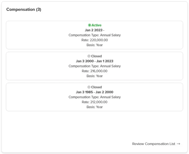 Workzoom compensation list showing every employee assignment with start date, compensation type, annual salary rate, and pay basis