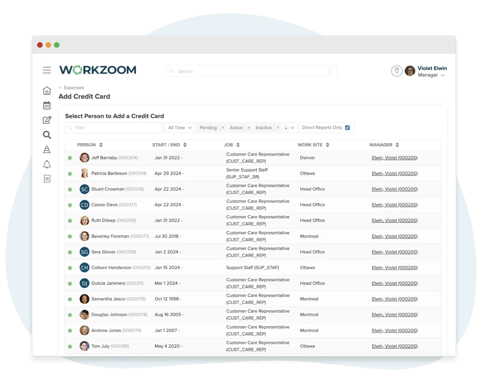 Workzoom Expenses screen showing quick-action tiles for adding a credit card, advance request, travel request, and expense details, plus a More panel with Profiles, Expense Details, and Configuration.