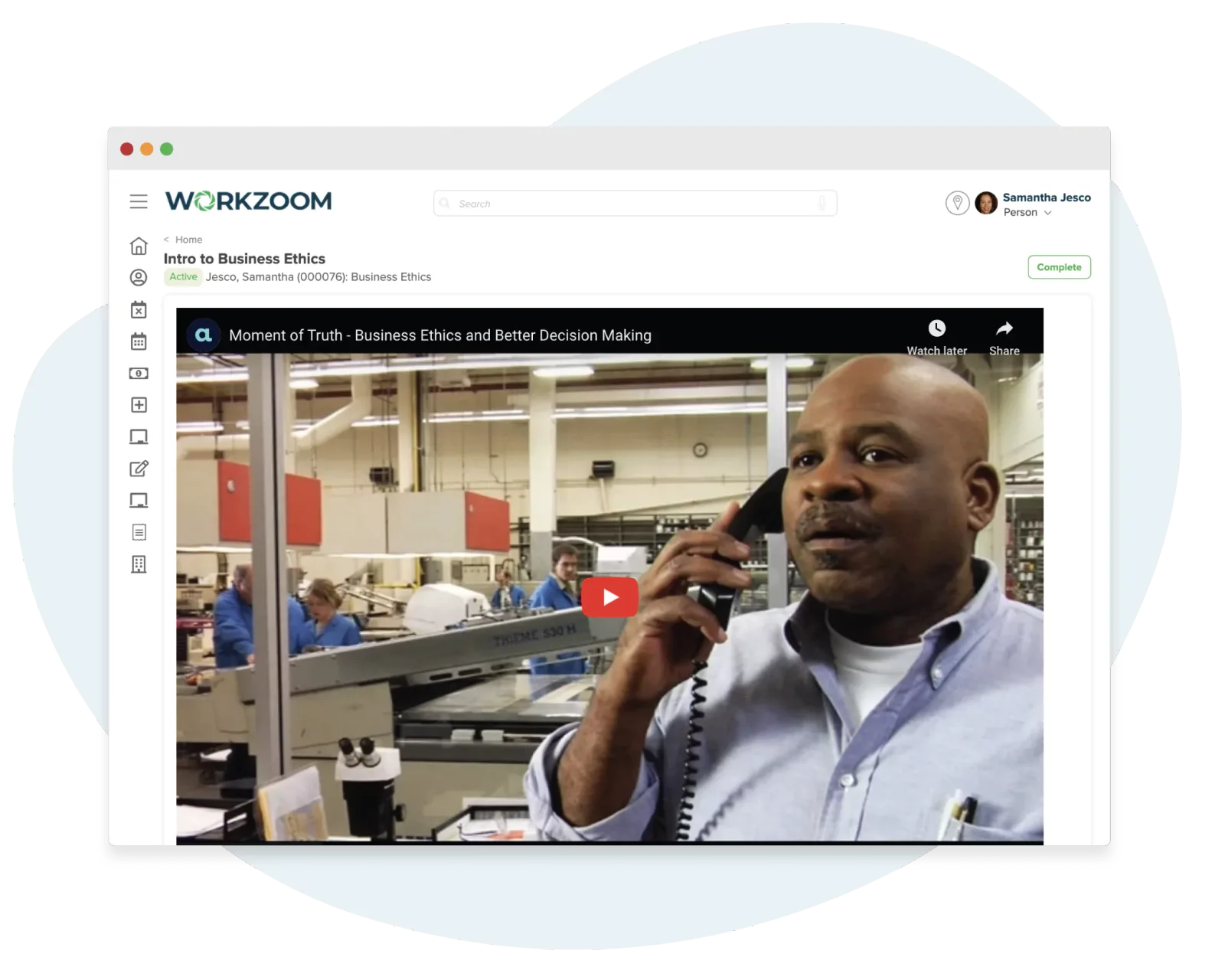 Workzoom Learning module showing training completion and certification tracking