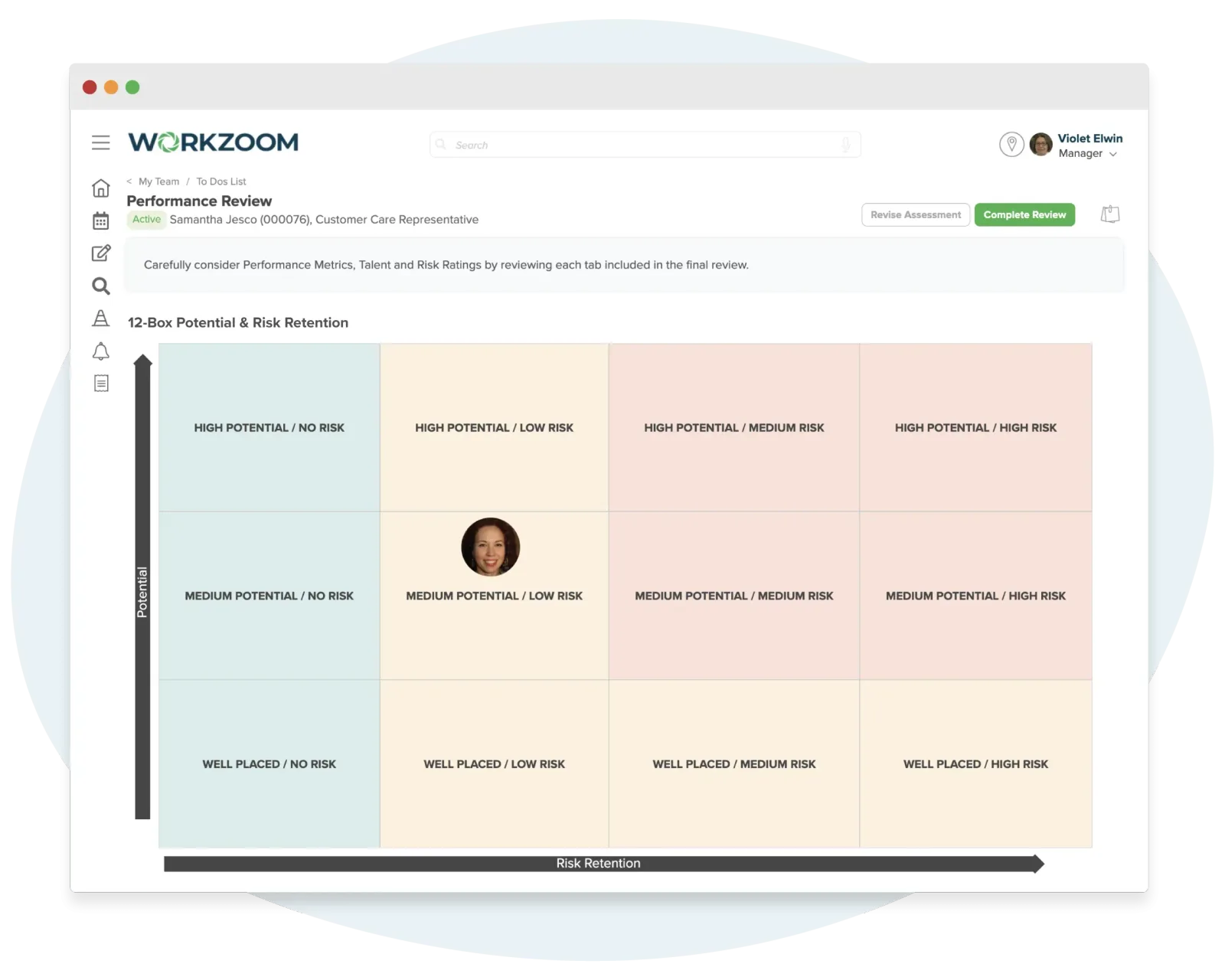 Workzoom succession planning 9-box grid rating employees by performance and potential, from emerging performer to consistent star