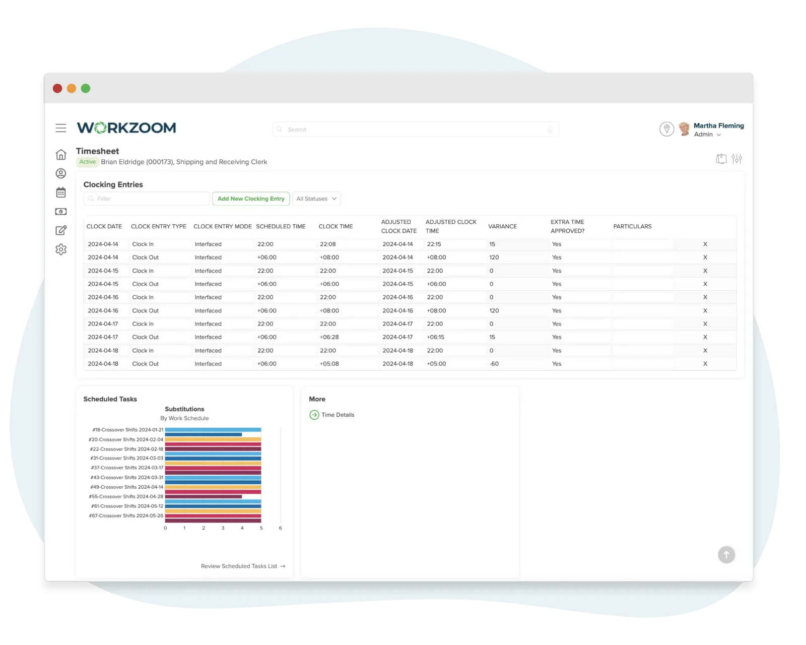 Workzoom Timekeeping module showing punch clock and time entry review