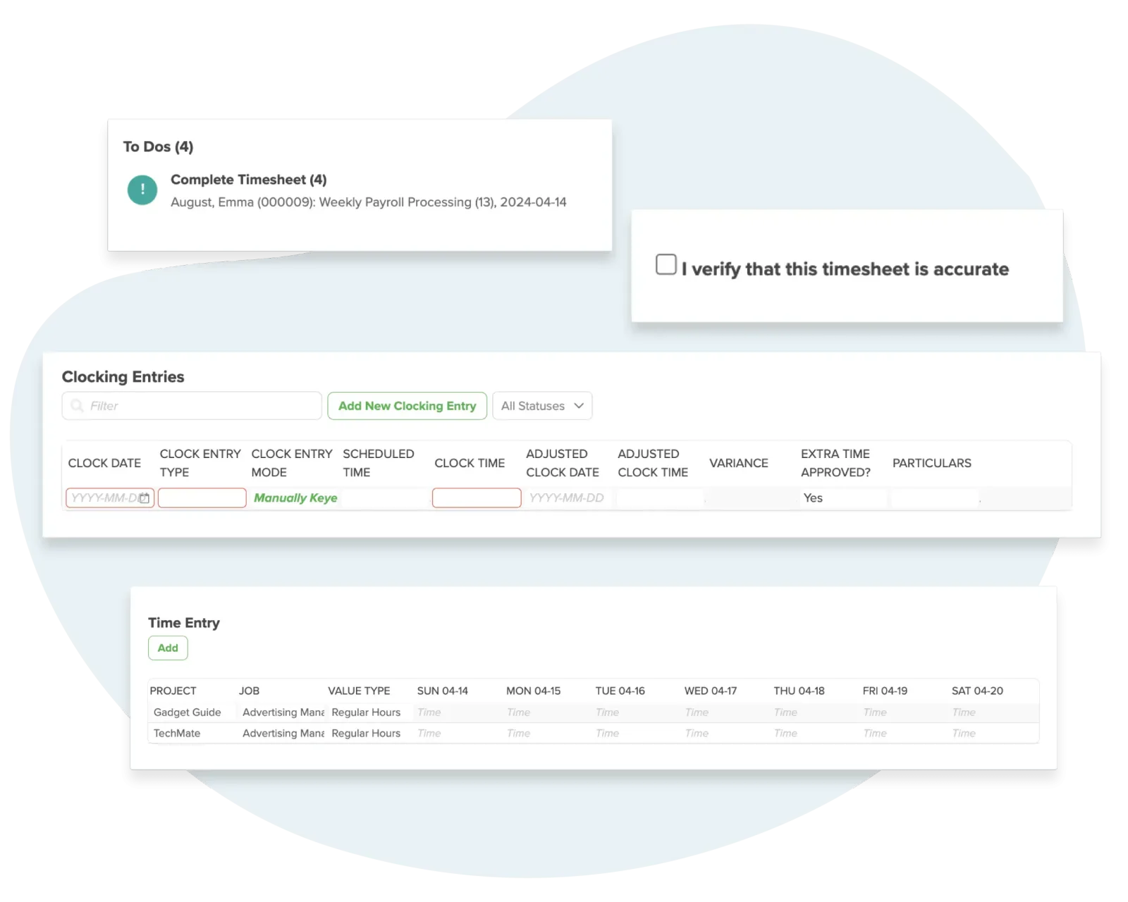 Workzoom timekeeping dashboard showing a timesheet overview by pay run, period hours by person over the past three months, clocking entries, and project cost areas