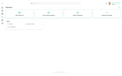 Workzoom Expenses screen showing quick-action tiles for adding a credit card, advance request, travel request, and expense details, plus a More panel with Profiles, Expense Details, and Configuration., expense management software in Workzoom