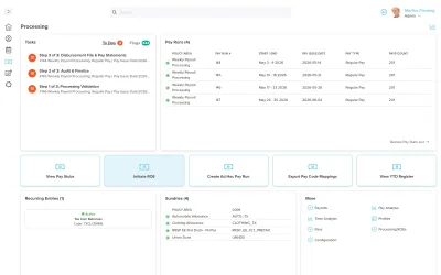 Workzoom payroll processing dashboard showing the three-step pay run workflow, weekly pay runs with issue dates and pay counts, and quick actions to view pay stubs, initiate an ROE, and view the YTD register, payroll software in Workzoom