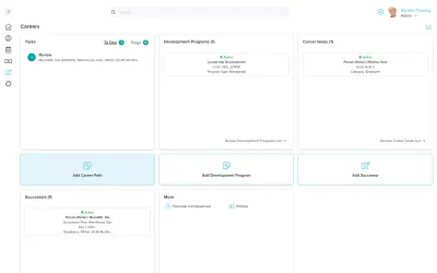 Workzoom Careers dashboard showing a Tasks review panel, Development Programs and Career Goals cards, plus Successors and a More panel linking to Personal Competencies and Profiles., career planning software in Workzoom