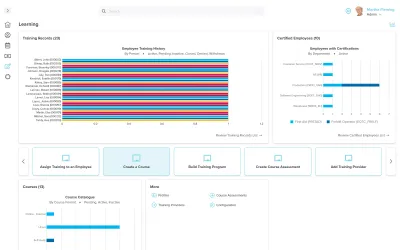Workzoom Learning dashboard showing an Employee Training History bar chart by person, a Certified Employees chart of certifications by department, and a Course Catalogue chart by course format., learning management software in Workzoom