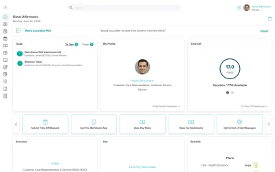 Workzoom new hire self-service home with a first-day task list, Welcome Video, employee profile, time-off balance, and quick actions to view pay stubs and tax statements, employee onboarding software in Workzoom