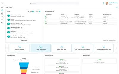 Workzoom Recruiting dashboard showing a hiring Tasks panel, a Job Openings table with requisition numbers and work sites, Can-Do action tiles, and an Applicants pipeline funnel by application stage., recruiting software in Workzoom