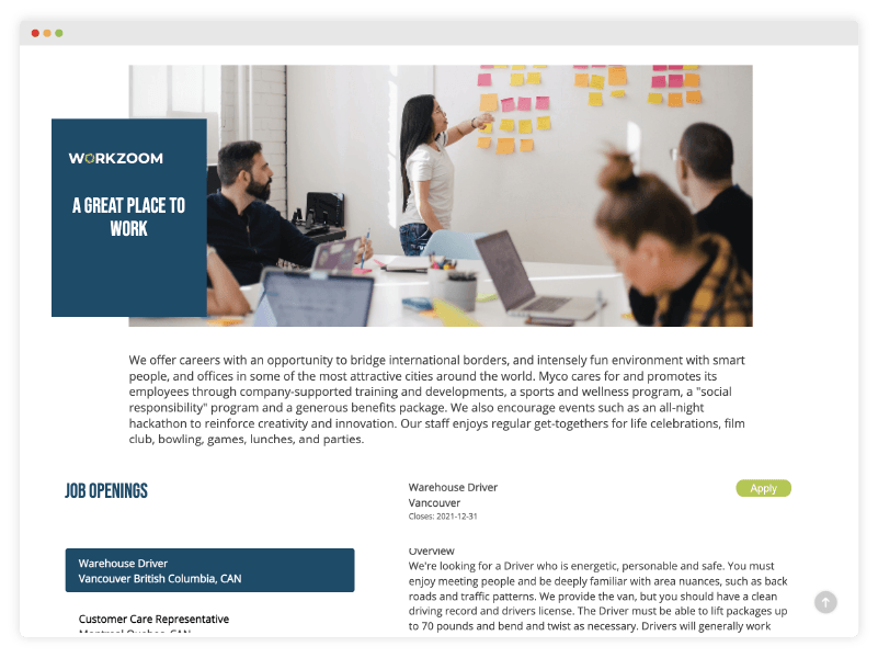 Screenshot of Workzoom career page for applicants