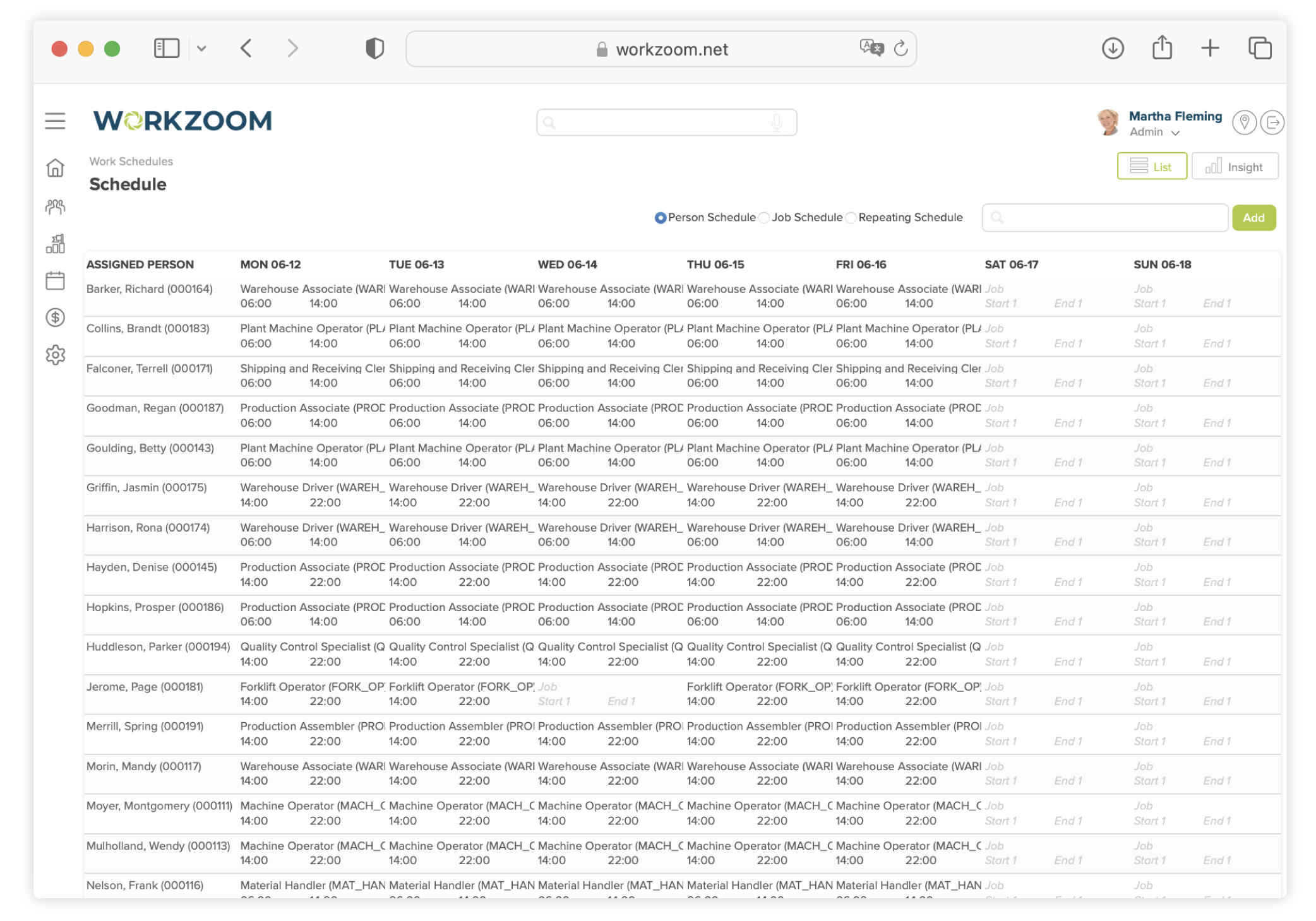 Screenshot of Workzoom schedule by person