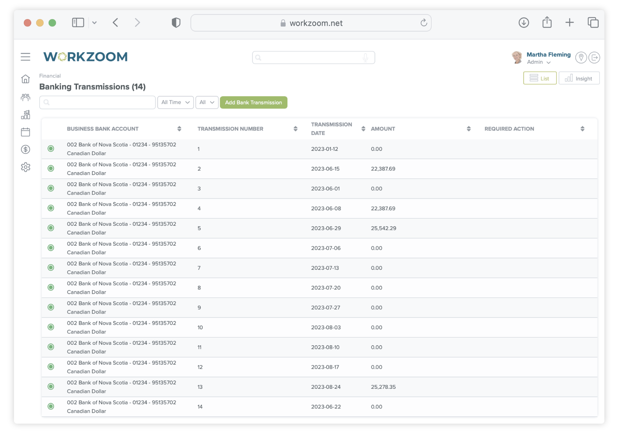 Screenshot of all Workzoom banking transmissions with amounts