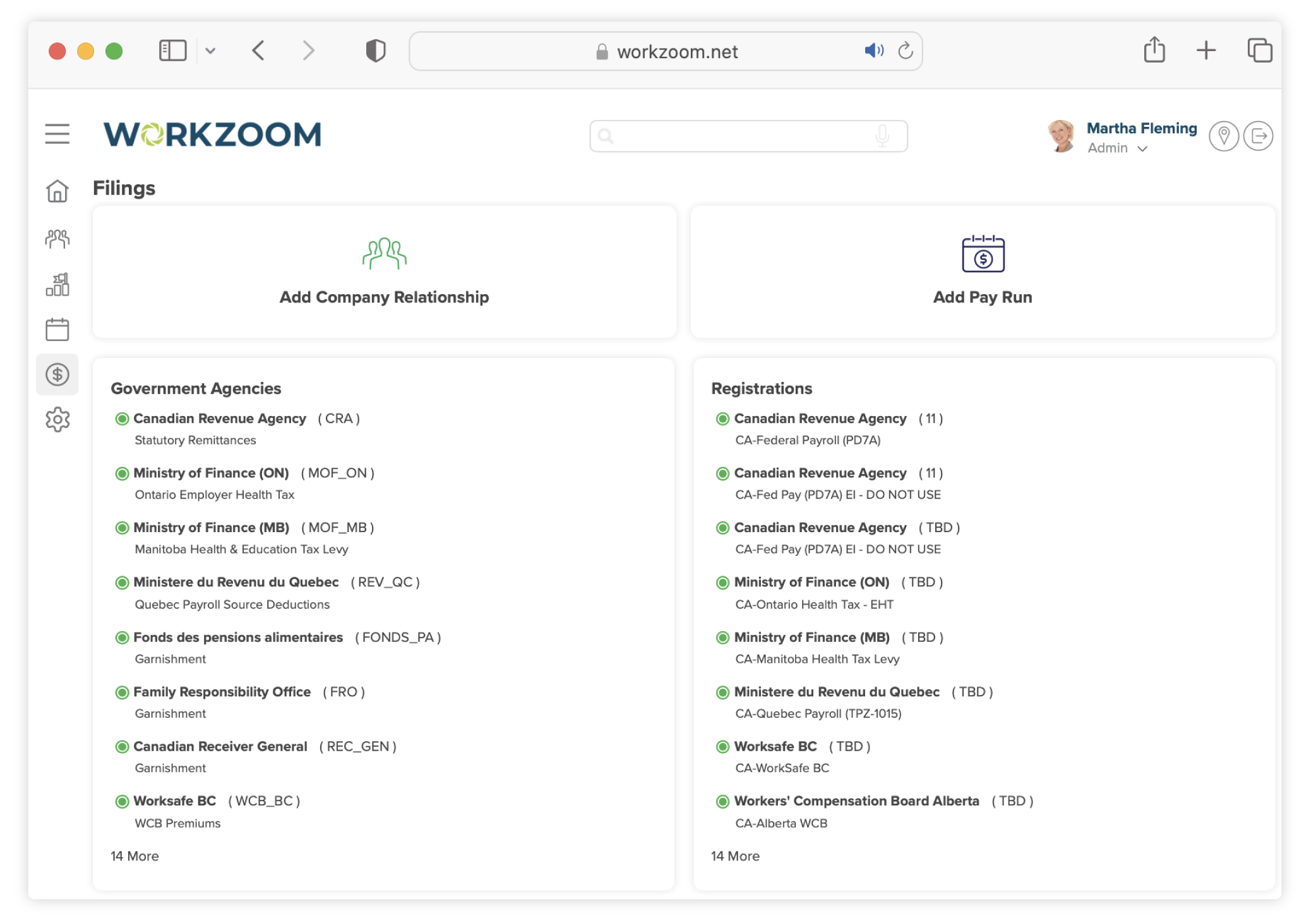 Screenshot of Workzoom Filings dashboard with Government Agencies and Registrations