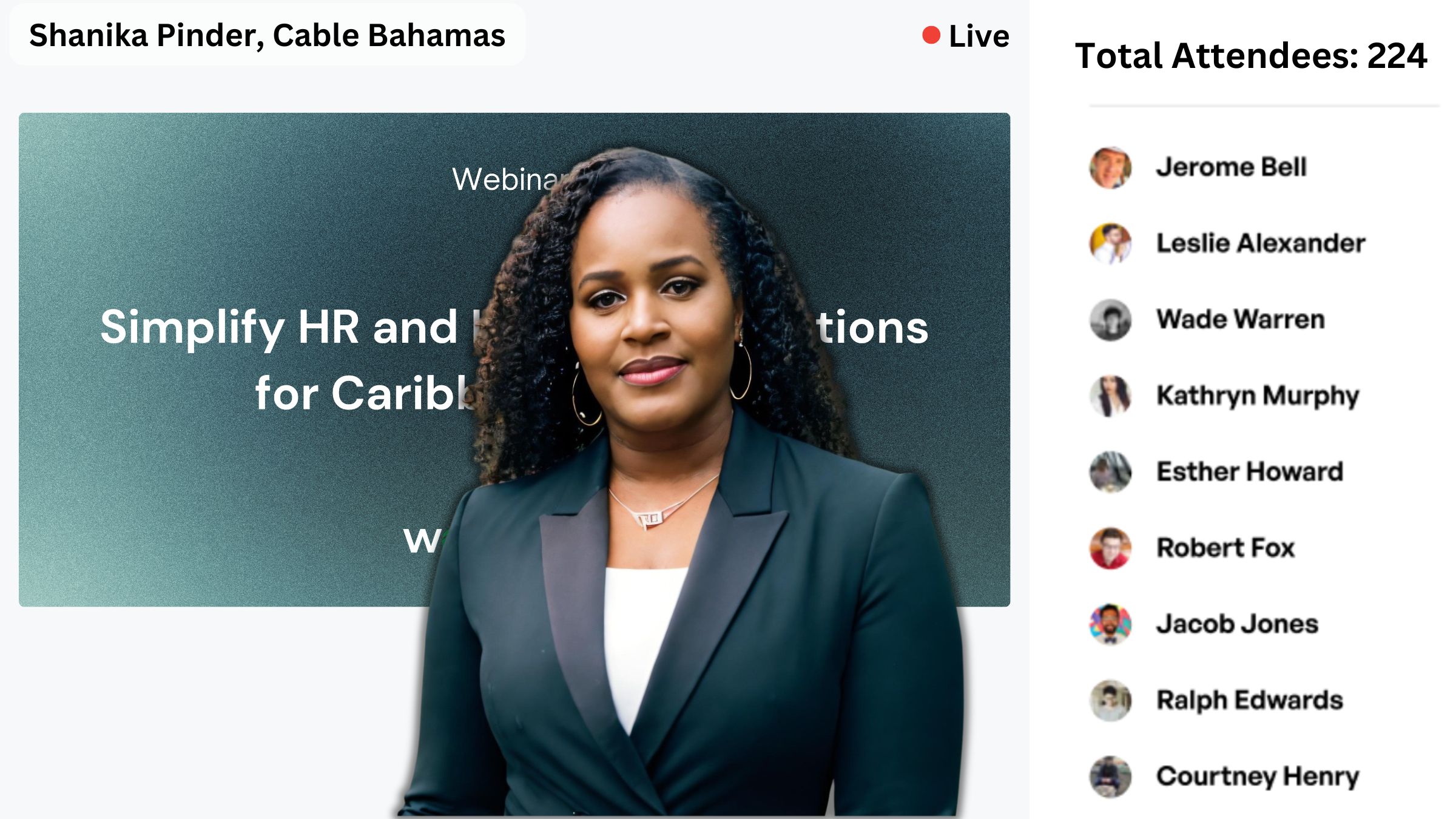 Webinar Preview Webinar screenshot featuring Shanika Pinder from Cable Bahamas presenting, with attendee thumbnails displayed on the right side.
