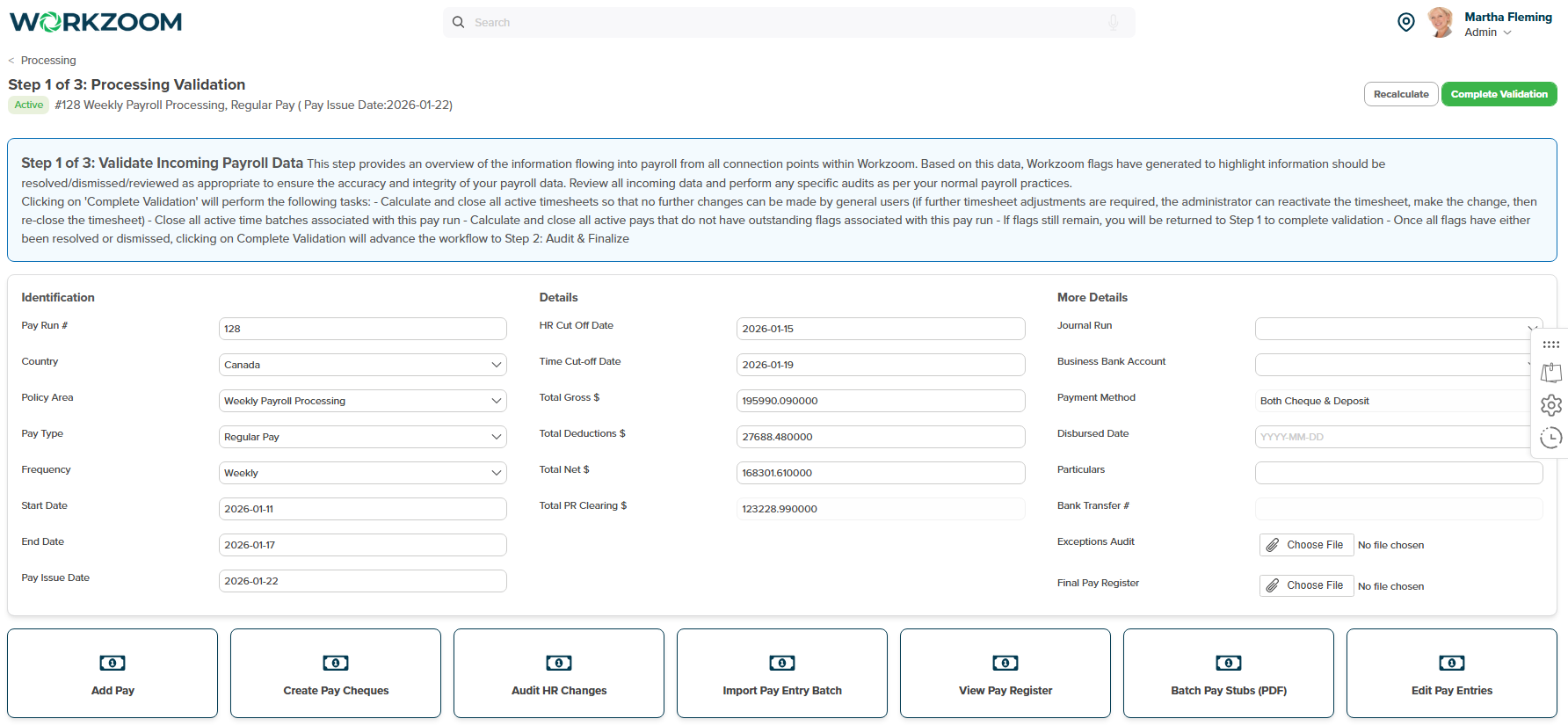 Workzoom payroll processing interface